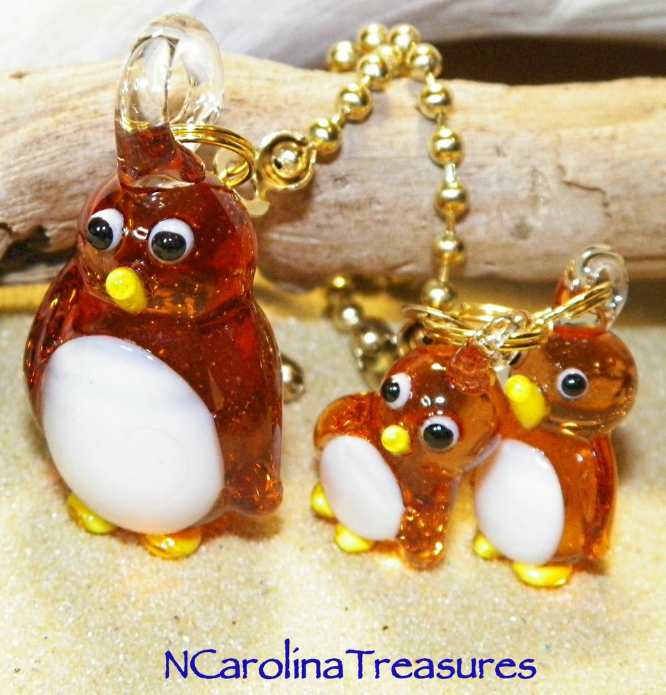 MURANO GLASS CEILING FAN LIGHT SWITCH PULL MAMA BABY ORANGE PENGUIN SET