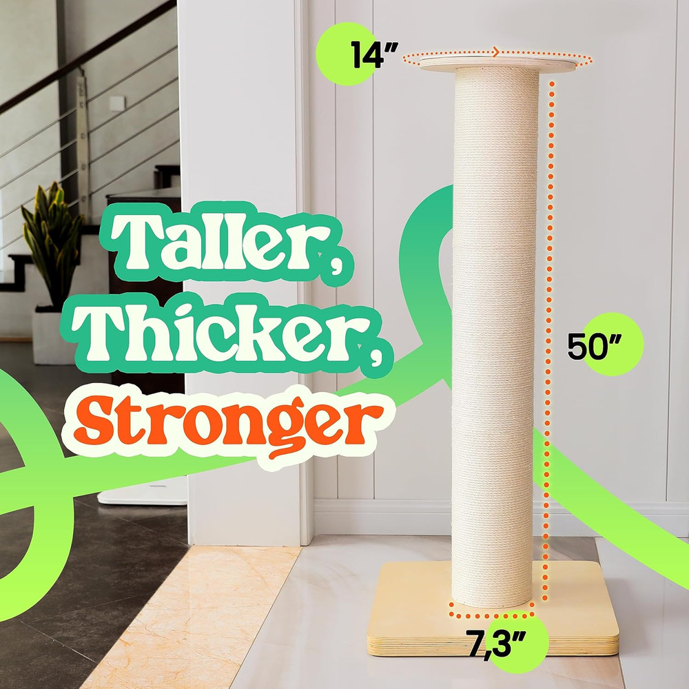 Extra-Large 50" Cat Scratching Post for Big Cats with Solid Wood Base
