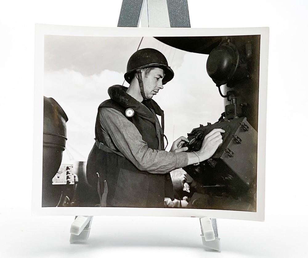 WW2 Era Photo U.S. Naval Ship Sailor At Captains Bridge