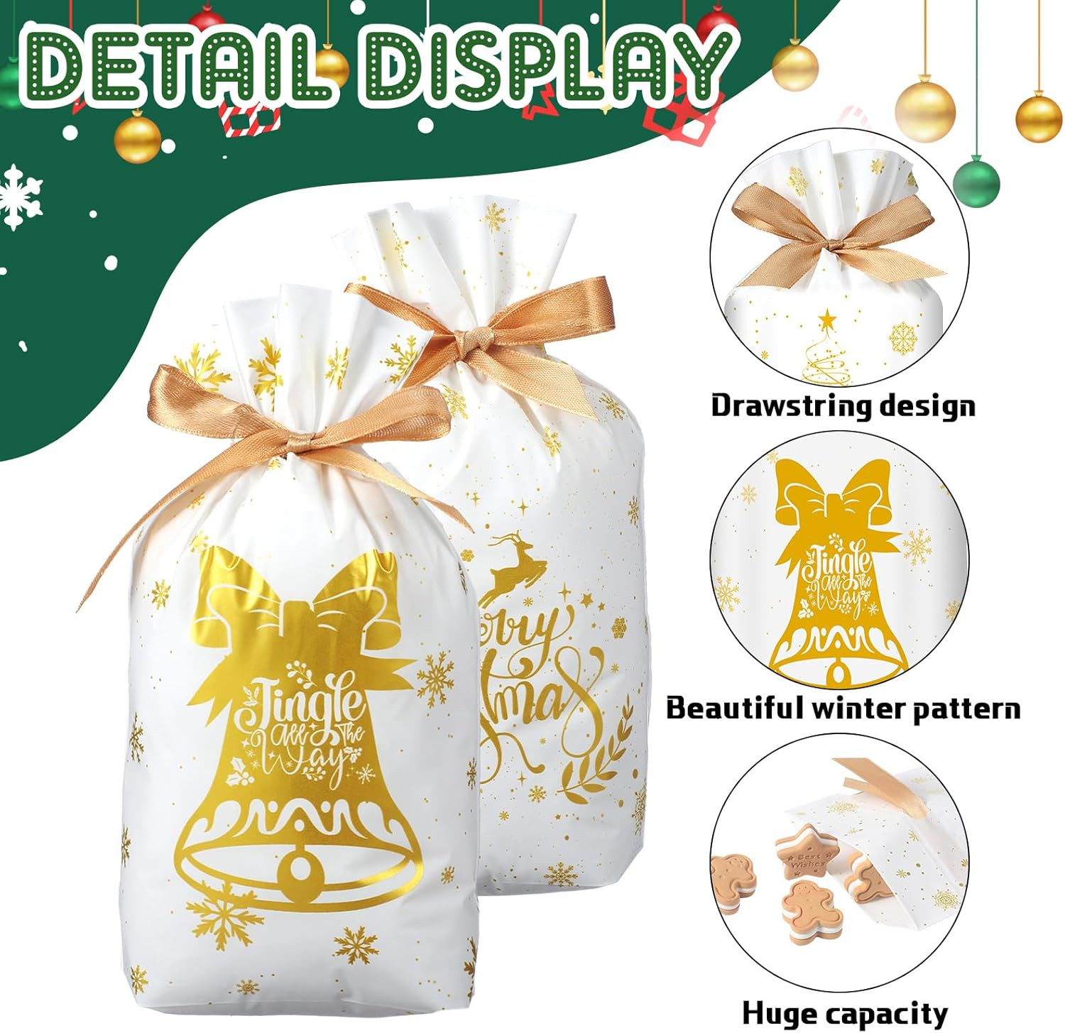 50 Pcs Christmas Drawstring Favor Bags Bulk Plastic Christmas Candy Bags Treat B