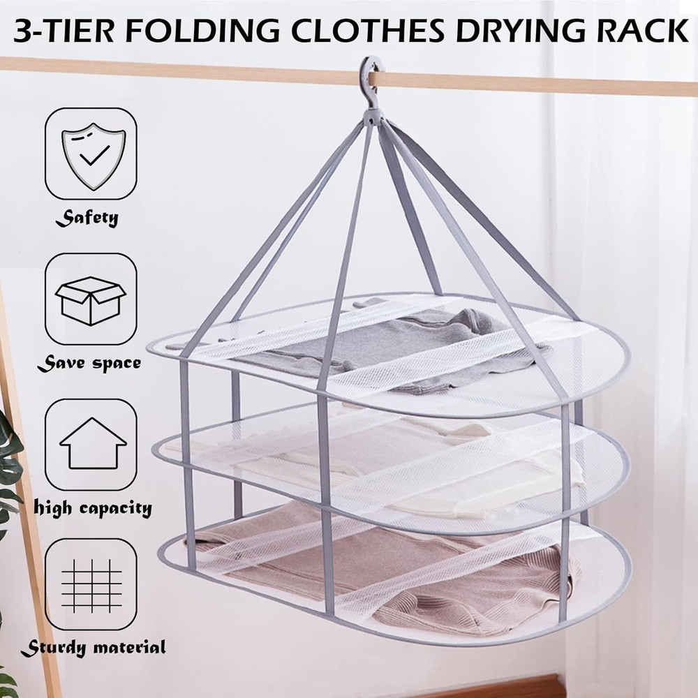 3 Tier Folding Mesh Clothes Drying Rack Stackable Sweater Drying Rack W/
