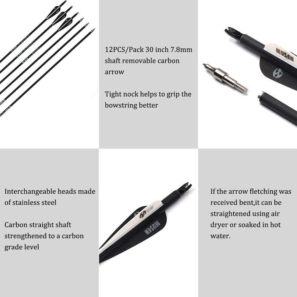 32" Archery Carbon Arrows SP500 Removable Tips for Recurve&Compound Bow Target