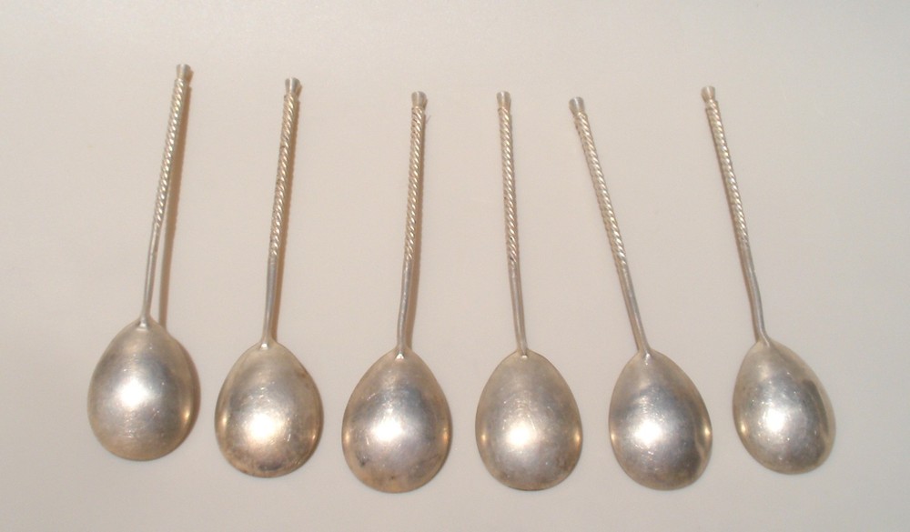 Antique Set 6 Spoons Curly Handles Solid Silver