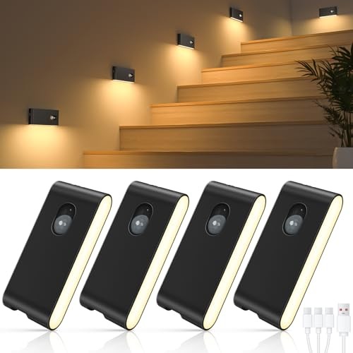 Motion Sensor Night Lights, Wireless Stair Lights Indoor, Battery 4 Pack Black