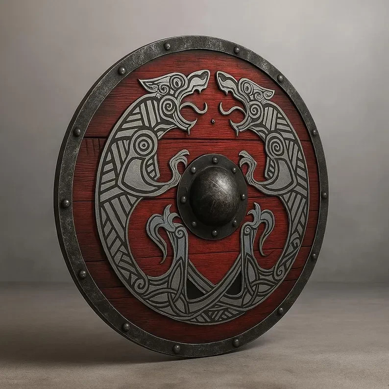 Handcrafted Red Viking Shield: Norse Wolf Design, Medieval Decor