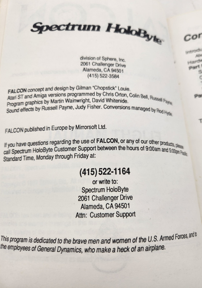 Falcon The F-16 Fighter Simulation Manual Atari ST/Amiga Version