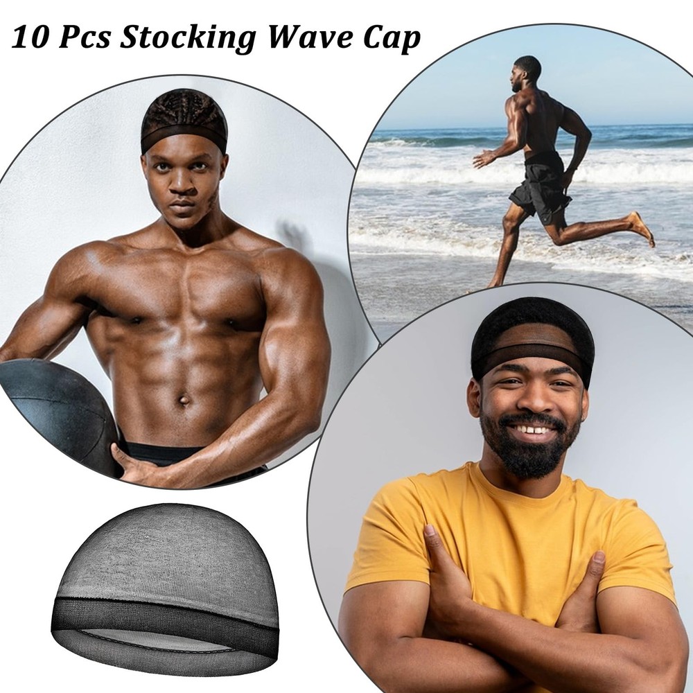 10Pcs Silky Stocking Cap Breathable Wave for Men Soft Medium, Black