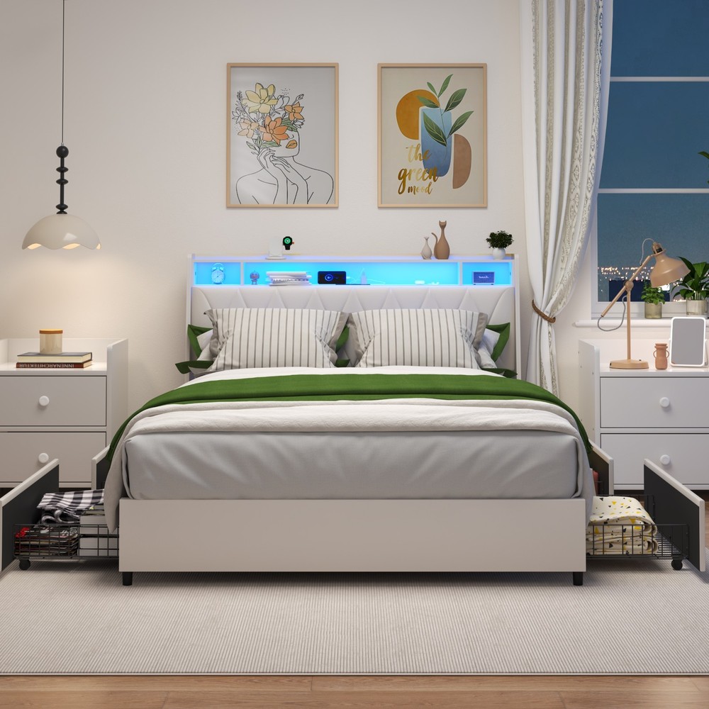 Full Bed Frame - Ergonomic Headboard, Outlets, LED, Storage (Noise-Free)