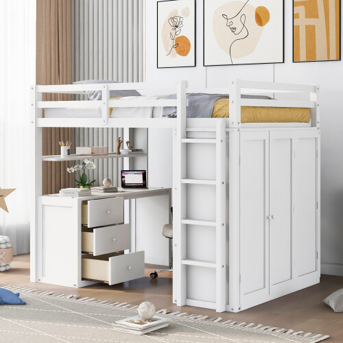 Twin Full Size Loft Bed with Desk Wardrobe Storage Cabinet Solid Wood Bed Frames