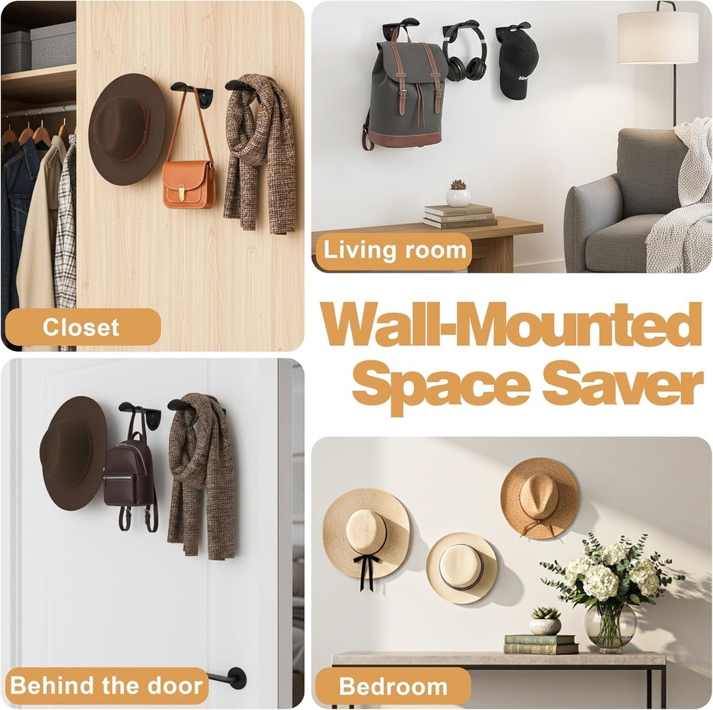 8 Pack, 2.9 Cowboy, Adhesive Hat Hooks Wall Rack w/ Key Hook Black
