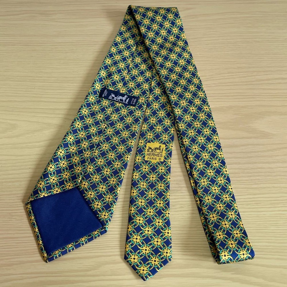 HERMES Blue Gold Green Gear Pattern Tie