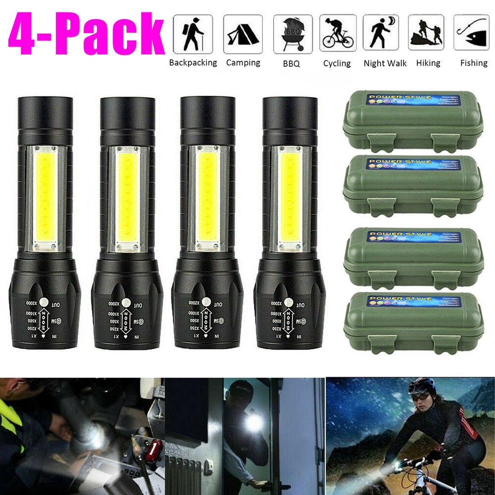 4x COB LED Torch - USB Rechargeable, Zoomable, Tactical Mini Flashlight Lamp