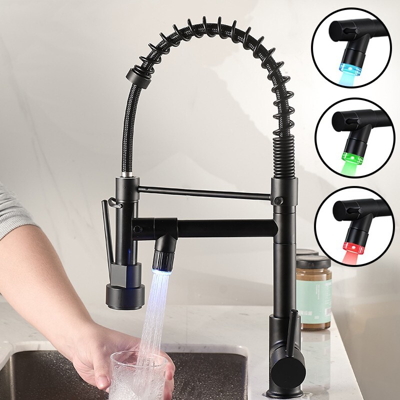 LED Spring Black Kitchen Sink Faucet Pull Down Sprayer Mixer Tap Deck Mounted