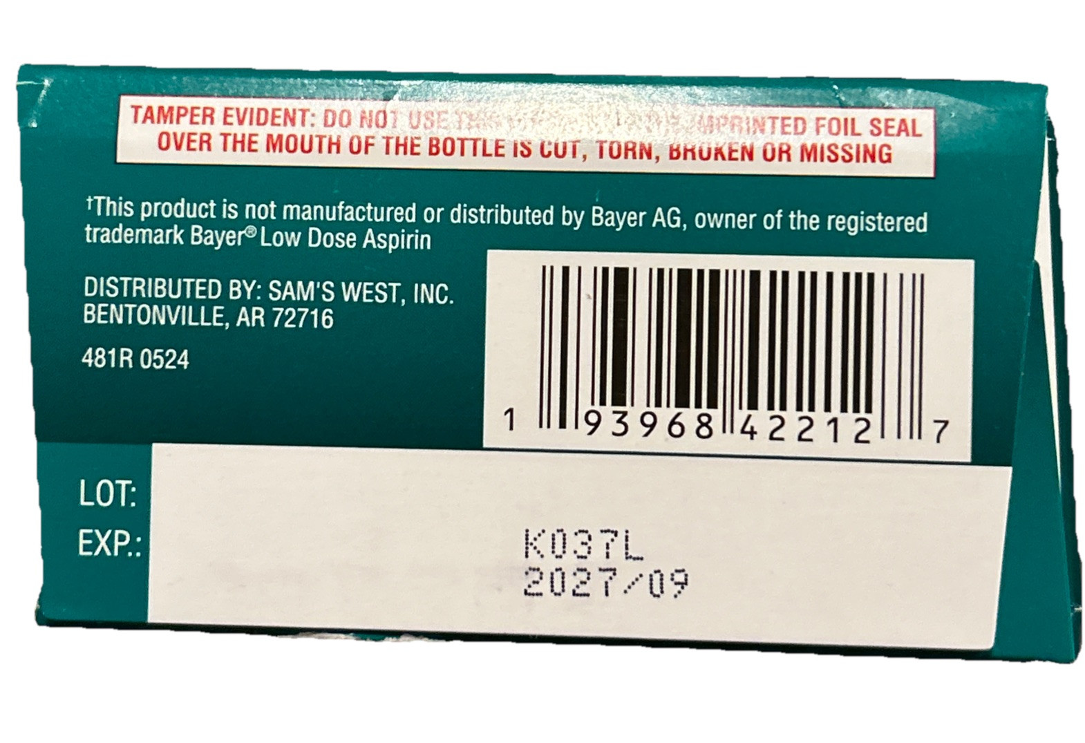 Member’s Mark Low Dose Aspirin 81 mg 730 Tablets Exp 9/2027 Compare To Bayer