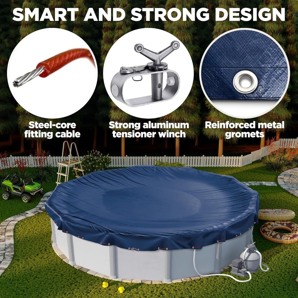 Navy Blue 24 ft Pool Cover with Drawstring for Easy Installation & Security