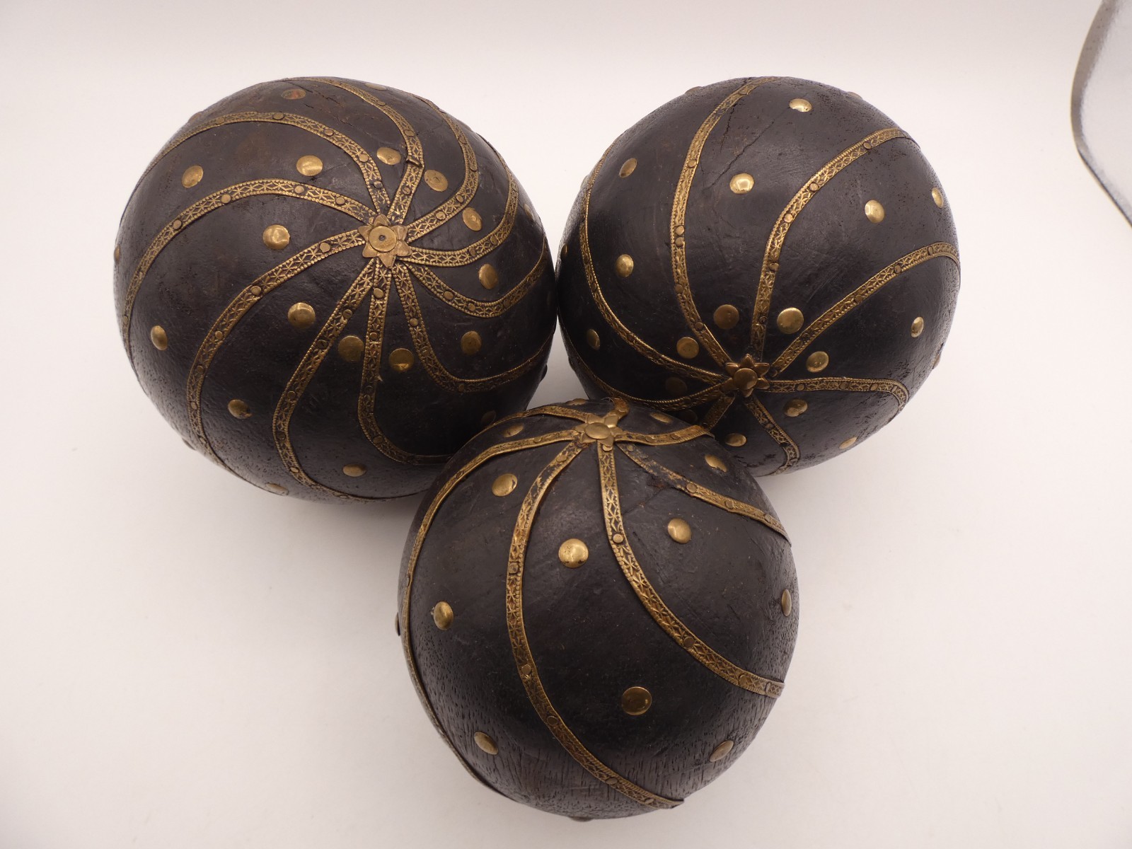 3 Vintage Wooden Ball With Embossed Brass Early 20th C. 5” & 4'' Width