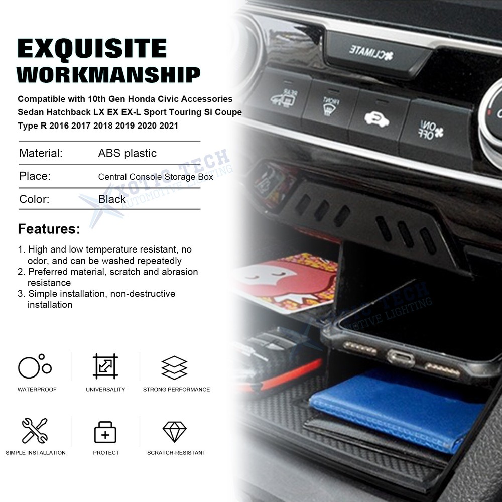 Black Console Storage Insert Divider Tray Container For Honda Civic 2016-2021