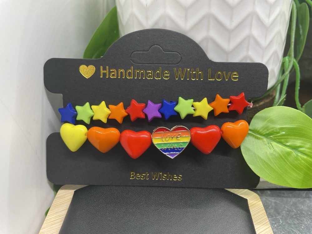 2 PC Handmade Rainbow Beaded Stackable 7” Plus Stretch Bracelet Set New B4859