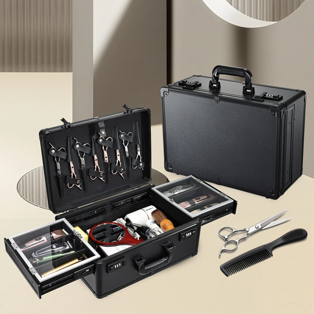 Barber Case 6 Clippers Sliding Tray, Barbers Briefcase Tool Case Scissors