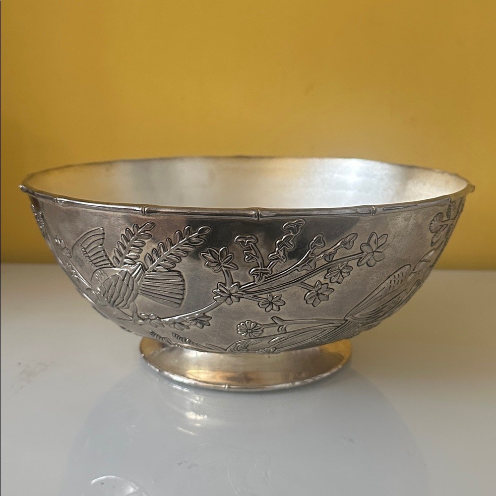 Godinger Silver Plate Decorative Large Fruit Bowl with Flower and Bird Design
