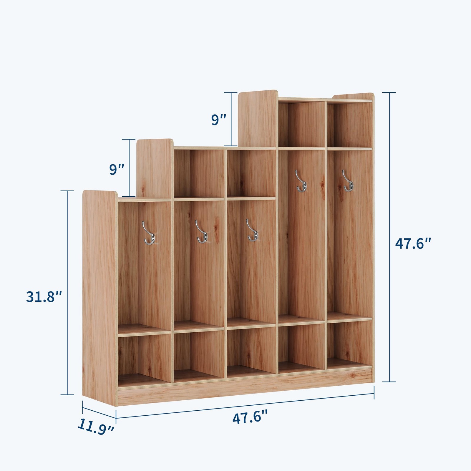 Classroom Coat Locker 5-Section 9 Cubbies 10 Hooks Natural Wood for Home School