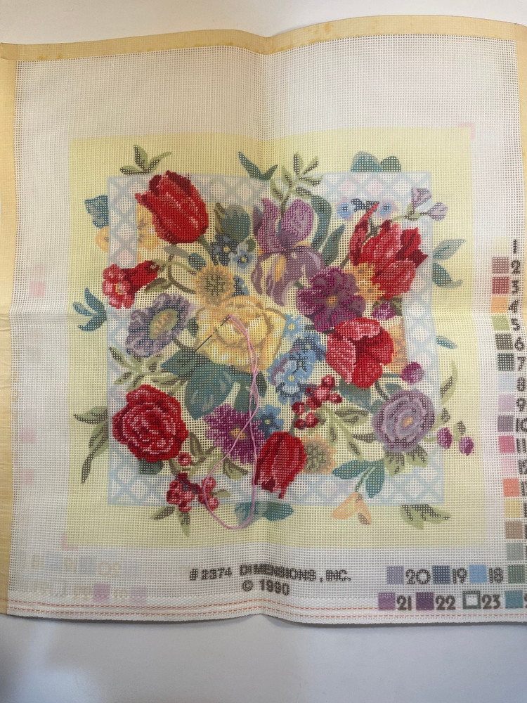 Dimensions Needlepoint Kit #2374 "Lattice Floral Pillow" - Started