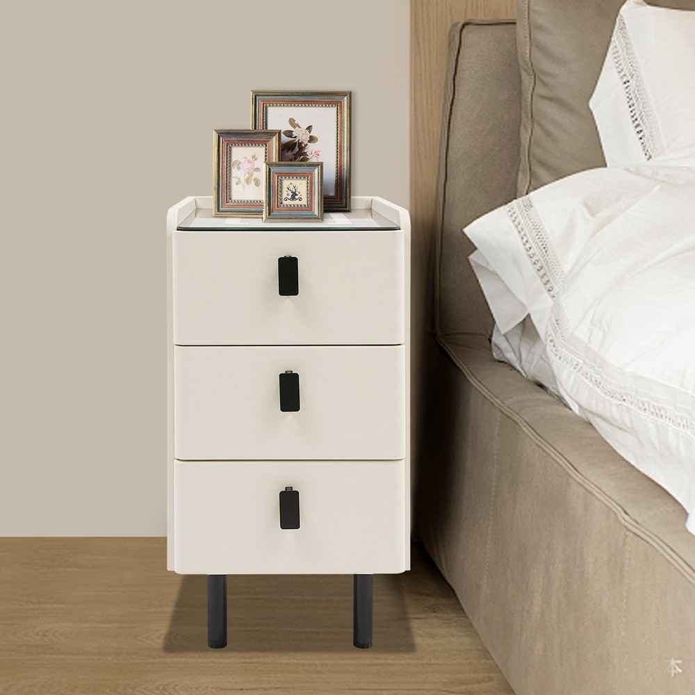 3 Drawers Smart Bedside Table Nightstand With LED Light+Wireless Charging+USB