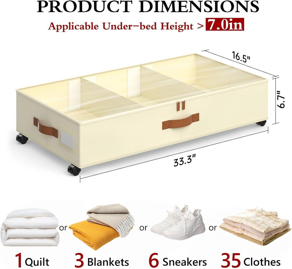 Rolling Under Bed Storage Bins with Wheels, 4 Pack, Adjustable Dividers, Beige