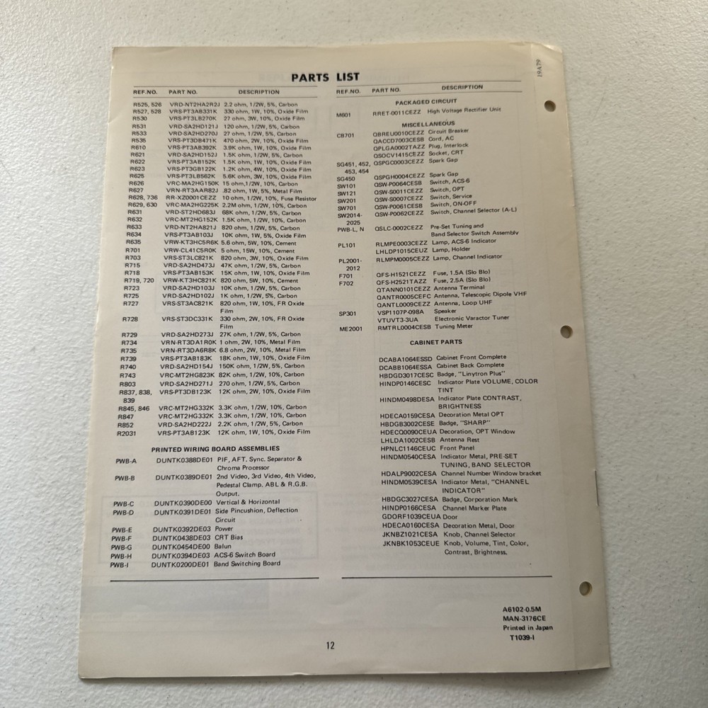 Sharp Color Television Linytront Plus Models 19A79 Service Information Manual