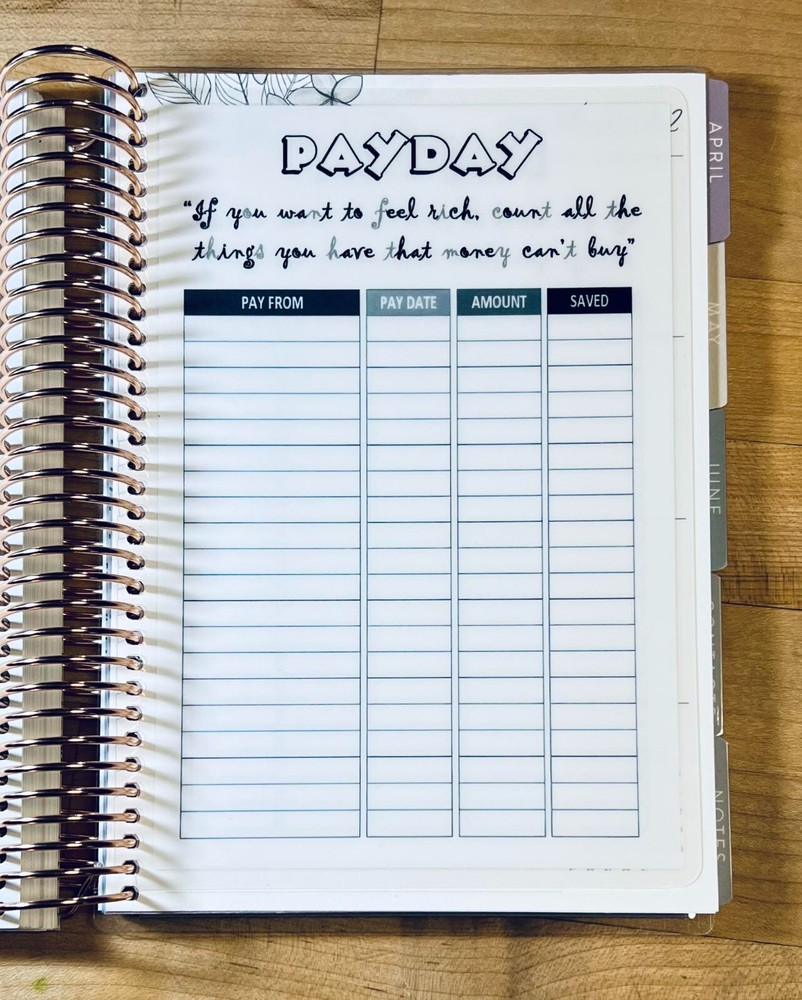 Payday Tracker Dashboard Insert 4 use with ErinCondren A5 Coil Spiral-
