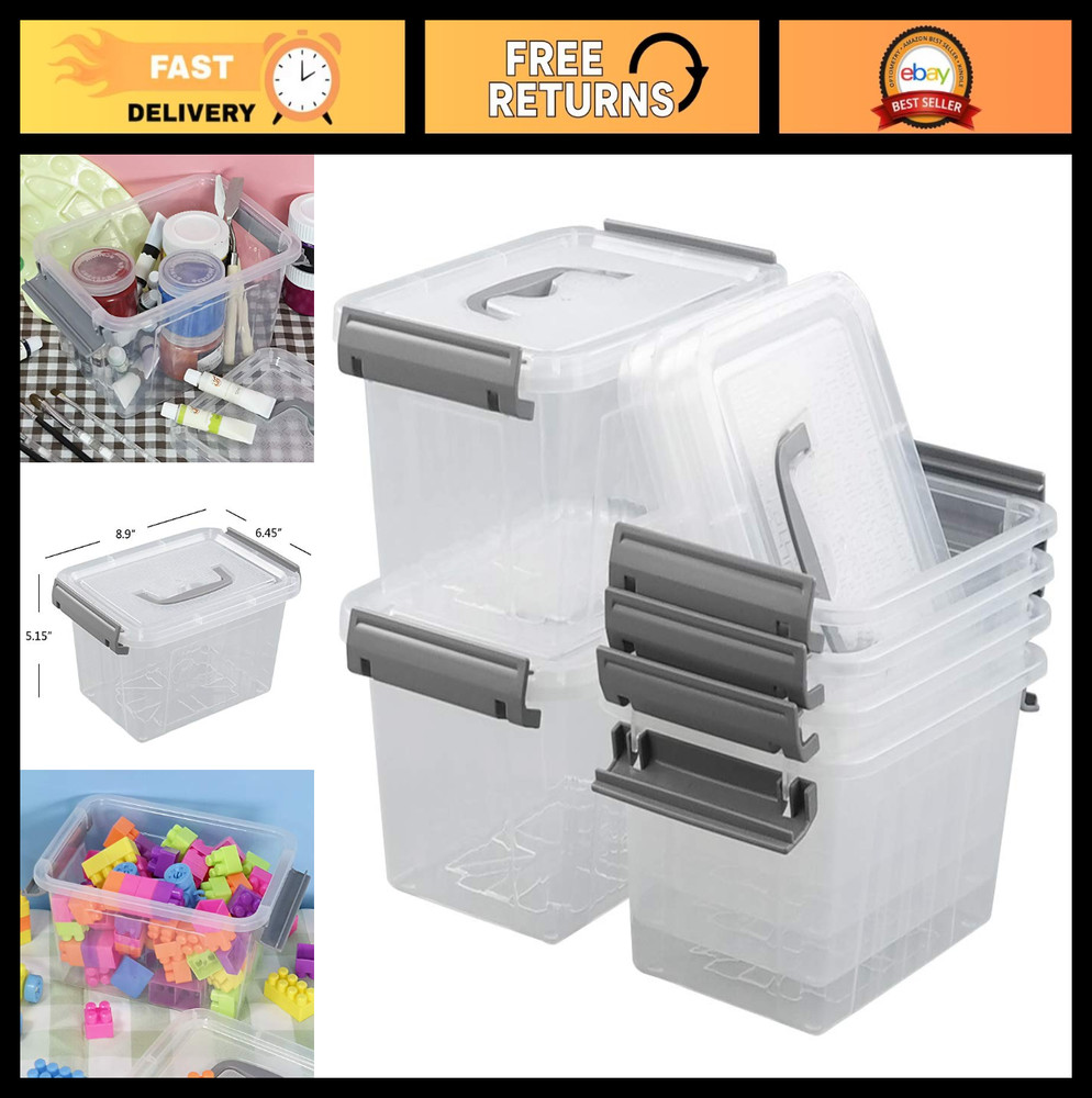 3.5 Quart Clear Plastic Storage Bins with Handles - 6 Pack Small Organizers (Gra