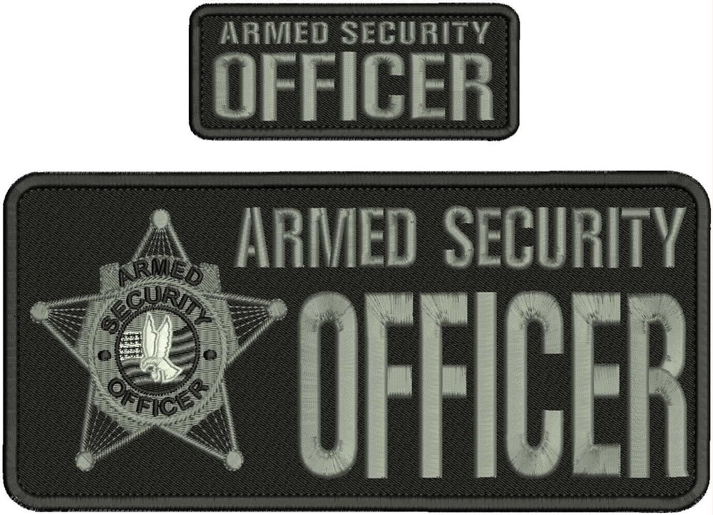 ARMED SECURITY OFFICER EMB PATCH 4X10 AND 2X5 HOOK ON BACK GREY ON BLACK