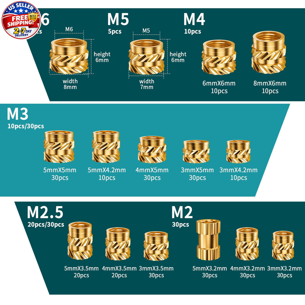 300Pcs Threaded Inserts M2 M2.5 M3 M4 M5 M6 Brass Heat Set Insert for Plastic an