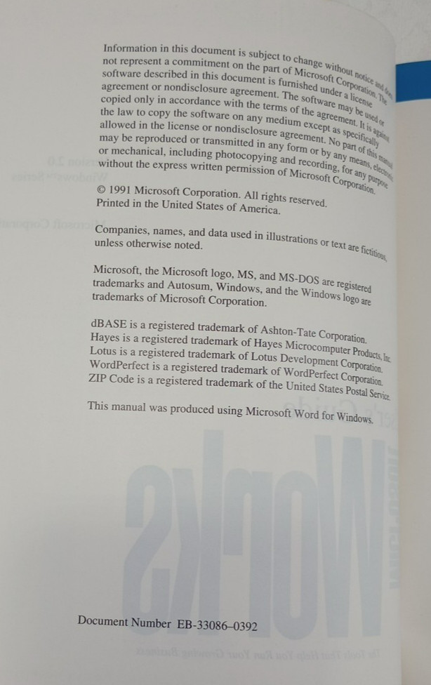 Vintage Microsoft Works 2.0 User's Guide Reference Book PB 1991