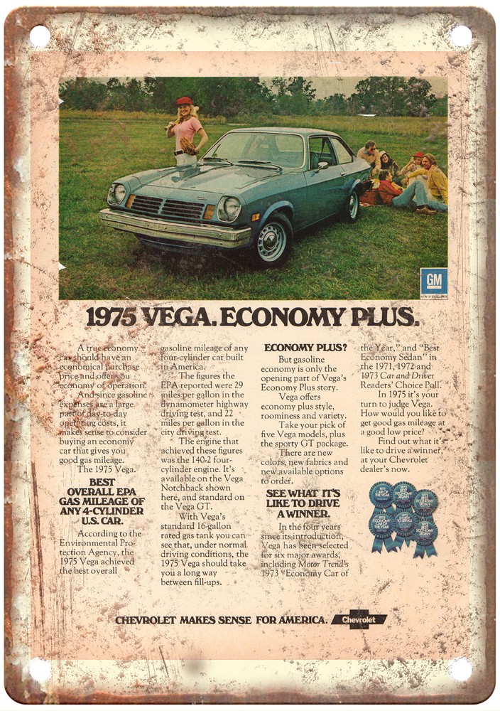 Metal Sign - 1975 Chevrolet Vega Auto Ad - Vintage Look Reproduction A10586