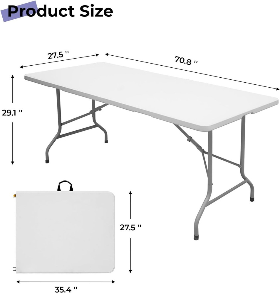 Folding Table 6ft Portable Heavy Duty Plastic Fold-in-Half Utility Foldable