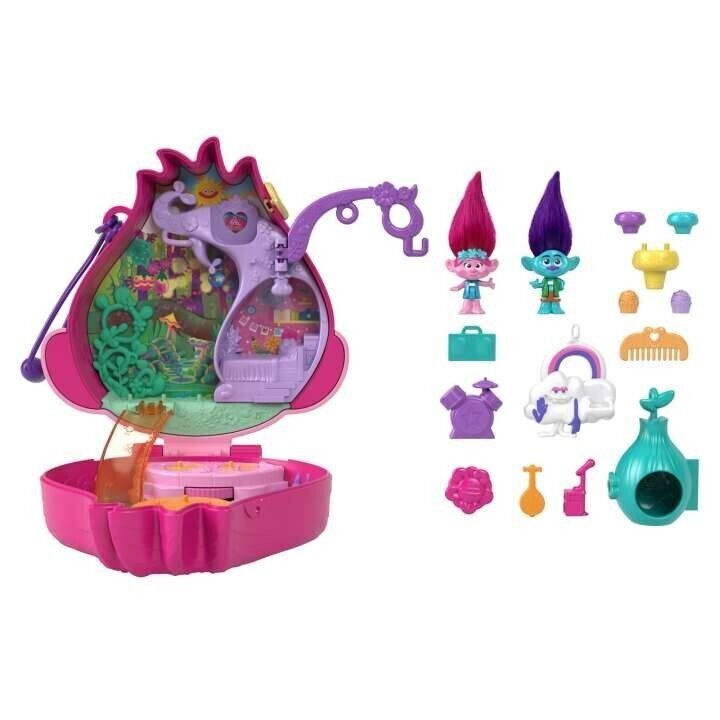 Polly Pocket & DreamWorks Trolls Compact Playset w POPPY & BRANCH & Accessories