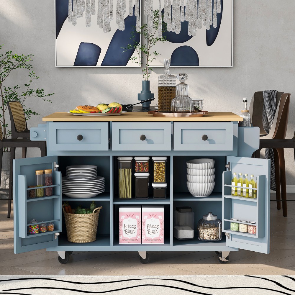 Rolling Kitchen Island Drop Leaf Countertop 3 Drawers 5 Wheels Storage Racks