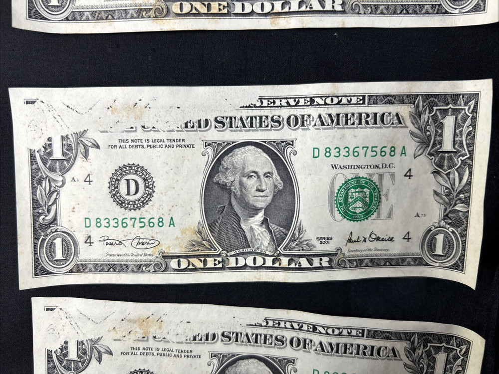 10 US ONE DOLLAR FEDERAL RESERVE NOTES SERIES 2001 INK MISSING PRINTING ERROR