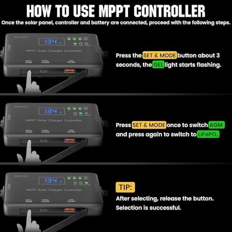 MPPT Solar Charge Controller 12V 10A W/ Type-C USB Output Solar Battery