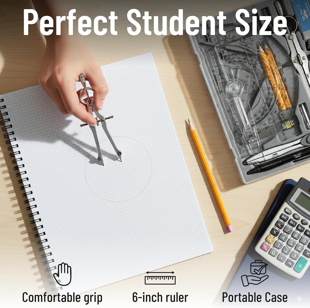 Geometry Set with 6 Inch Swing Arm Protractor, Divider, Set Squares, Ruler, Comp