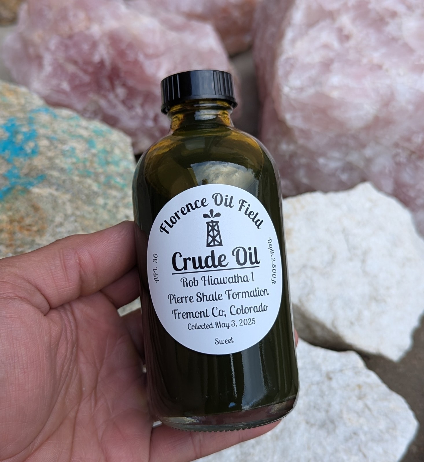 Rob Hiawatha Cretaceous Pierre Shale Colorado Crude Oil petroleum sample bottle