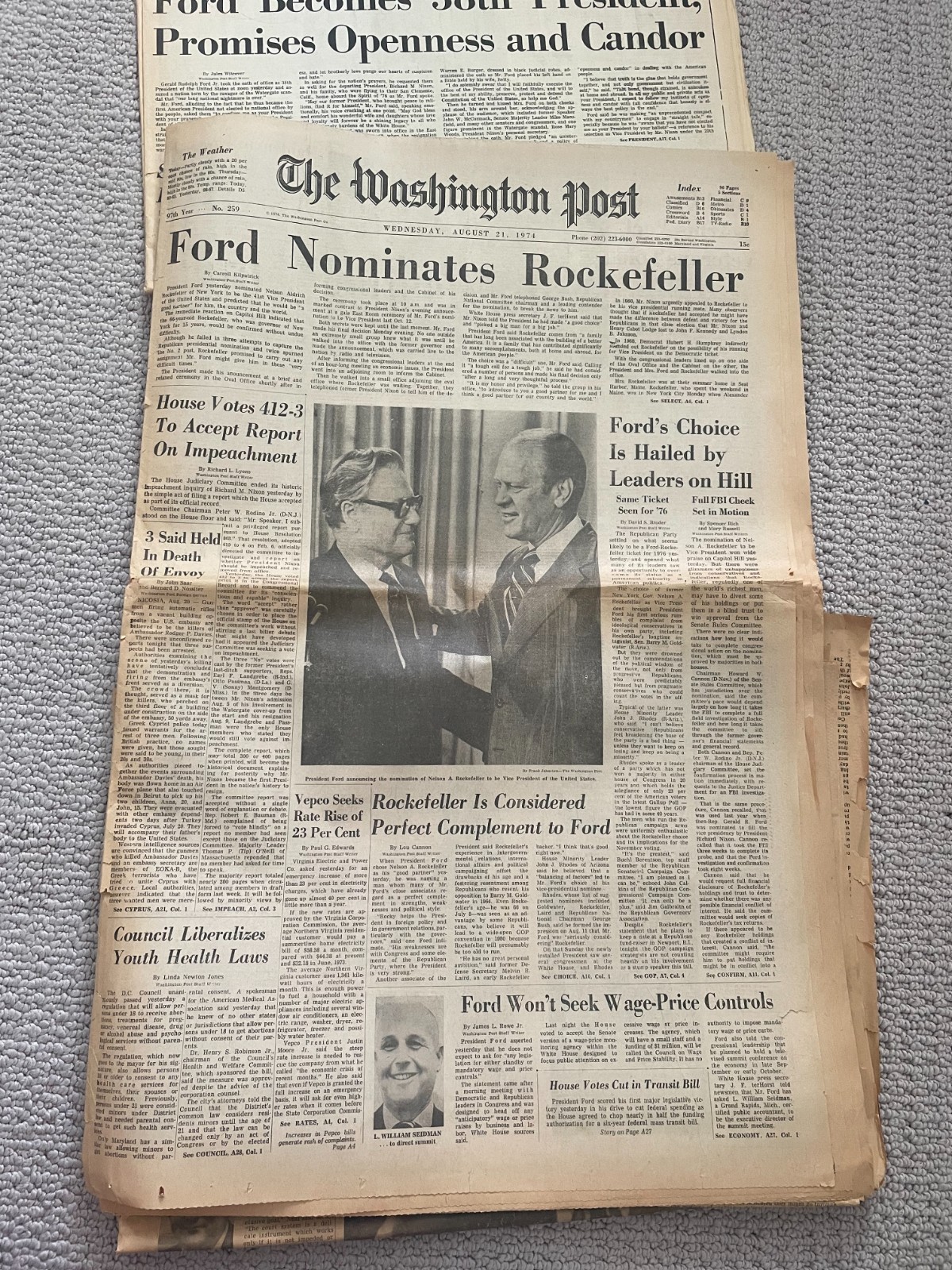 VINTAGE! Washington Post Ford-Nixon-Rockefeller Headlines 1974 Set of 4!