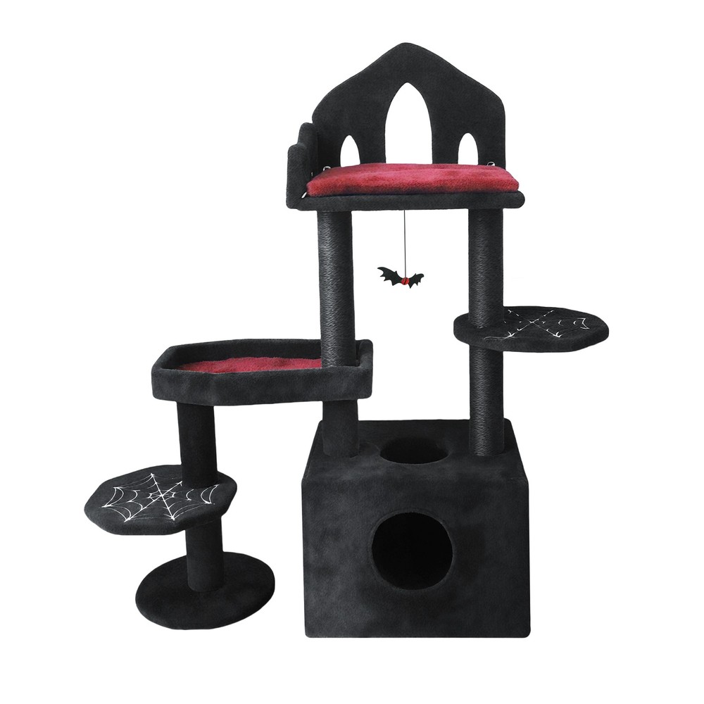 Black Gothic Cat Tree 44.5in w/ Scratch Posts, Hammock, Cave, Toy for Multi-Cats