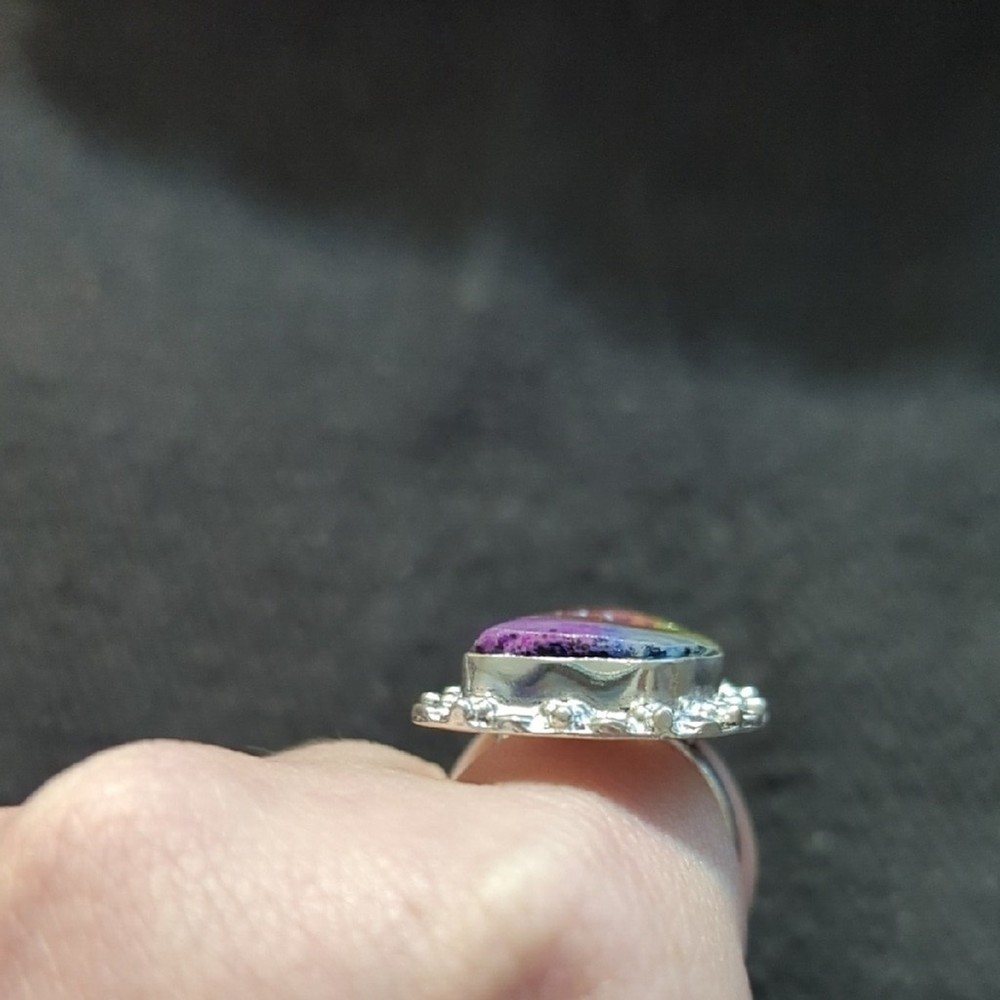 Silver Plated Rainbow Solar Quartz Druzy Gemstone Statement Ring - Size 8.5