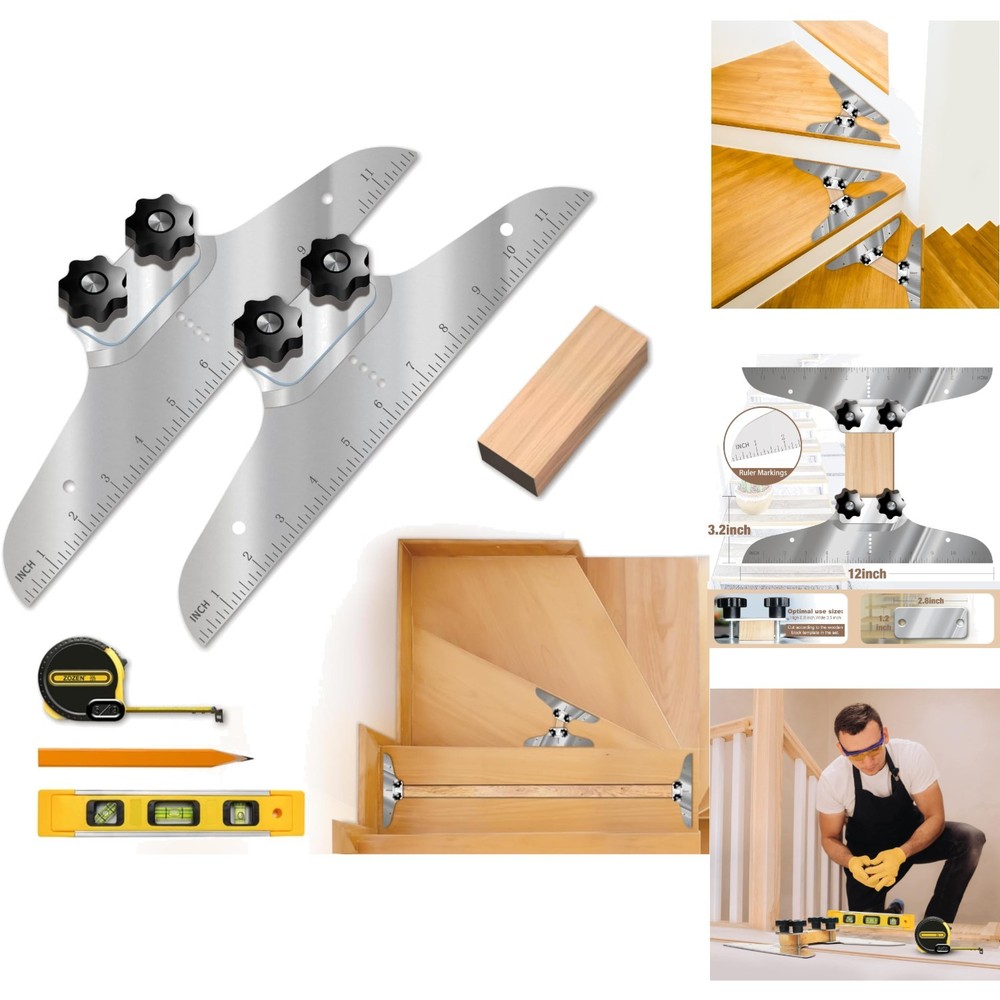 Adjustable Stair Tread Template Tool Set with Level Tape Measure Pencil