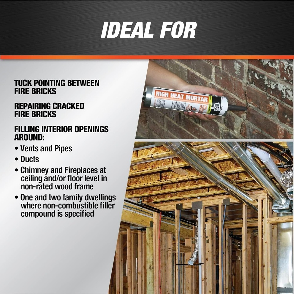 Waterproof Black Fire Stop Caulk - 10oz High Temp Mortar for Interior Use