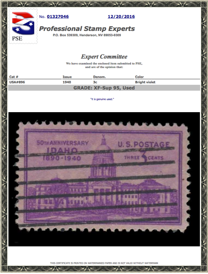 #896 Used, PSE Graded 95, Cert # 01327046