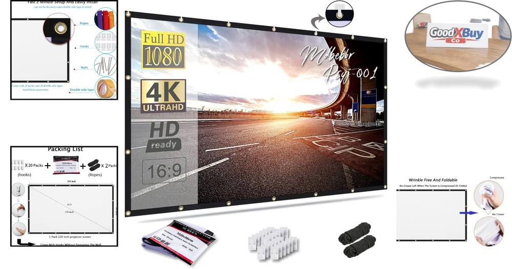 120-Inch Foldable Projector Screen 16:9 Portable Wall Mount Black Matte