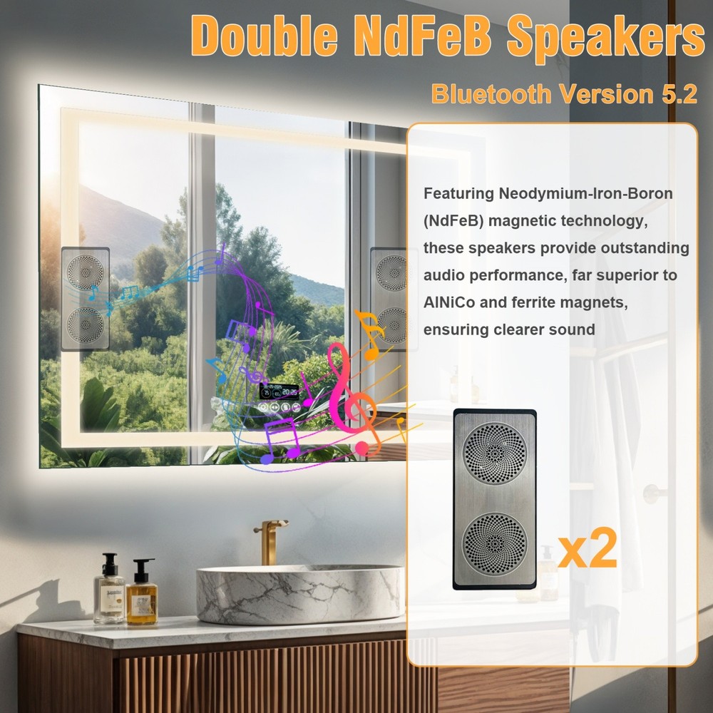 40'' LED Bathroom Mirror Bluetooth Speaker Antifog Digital Display Vanity Mirror